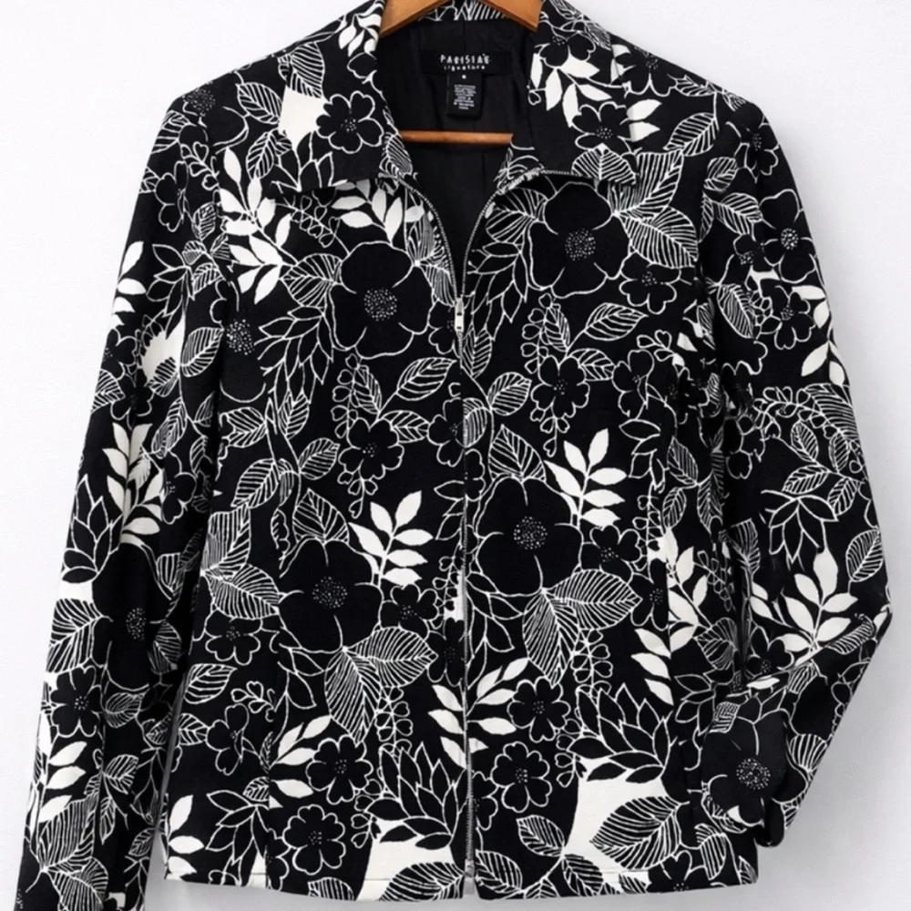 Parisian Signature Floral Zip Front Jacket Medium Black White Career Blazer - Picture 2 of 7